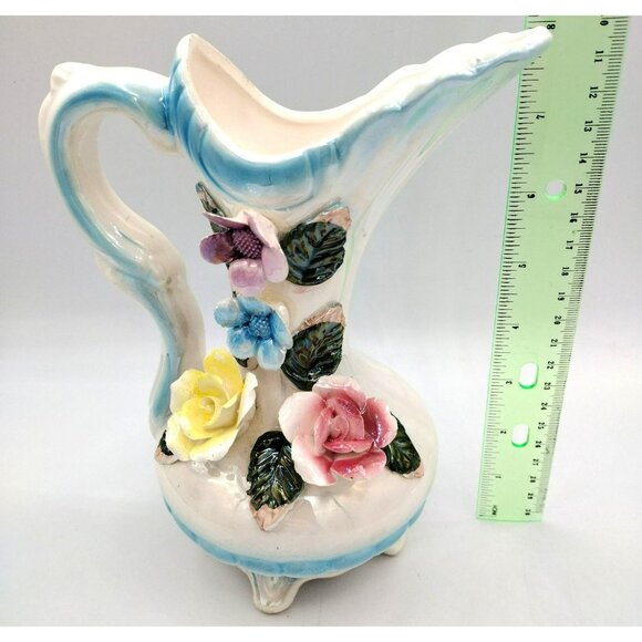 Lusterware Pitcher Vase with Flower Accents and Handle 8 Inches Vintage - Picture 2 of 14